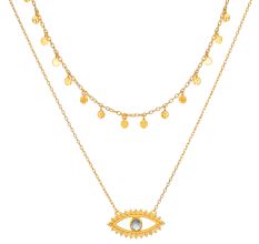 Evil Eye & Round disc necklace, Brass 22k gold plated necklace for women, Handmade jewelry